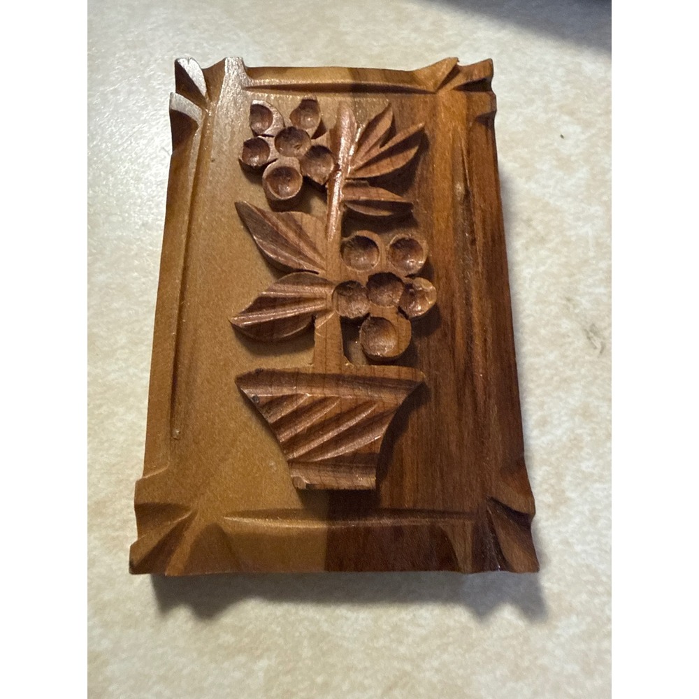 Vintage Hand Carved Wood Flower Pot Brooch Signed Artisan Floral Pin  Folk Art